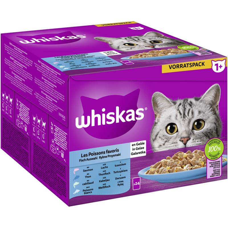 Whiskas Portionsbeutel Multipack Vorratspack 1+ Fisch Auswahl in Gelee 24 x 85g