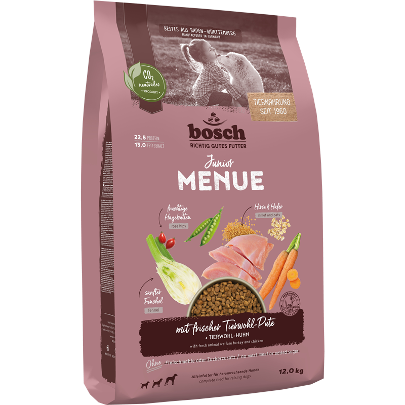 Kombipaket bosch HPC MENUE Junior Tierwohl-Pute + bosch Fruitees frisches Geflügel & Banane