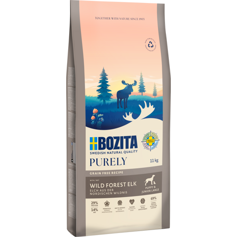 Bozita Dog Purely Puppy & Junior Large mit Elch 11 kg & 2 x GRATIS Bozita Snacks (Ente, Hirsch)