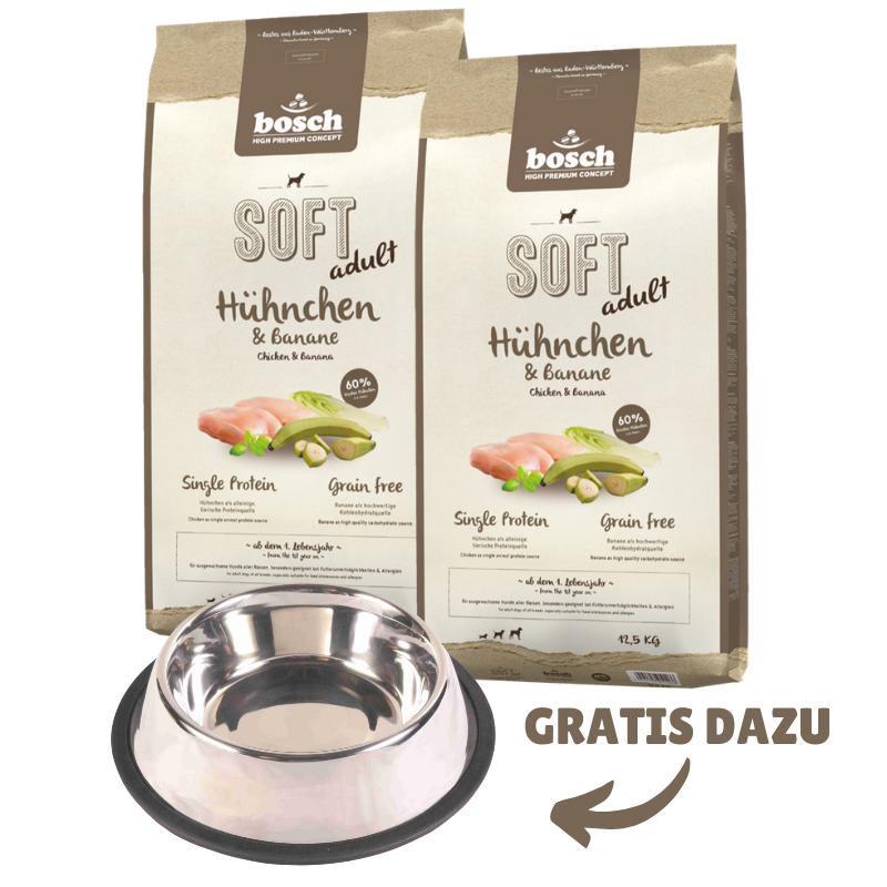 bosch HPC Soft Hühnchen & Banane 2 x 12,5 kg + GRATIS TRIXIE Napf