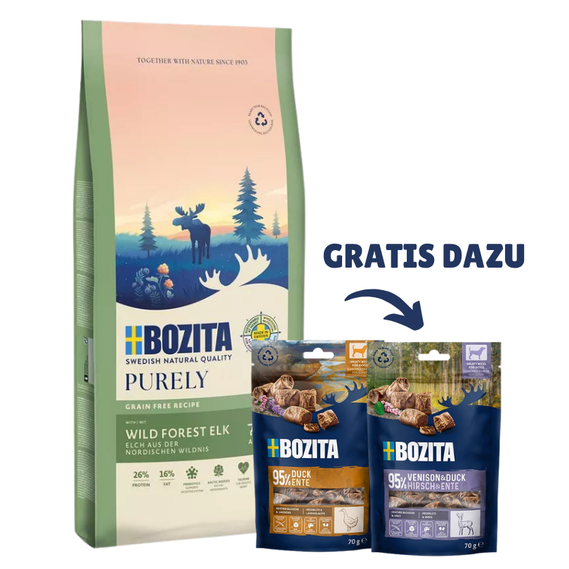 Bozita Dog Purely Adult mit Elch 11 kg & 2 x GRATIS Bozita Snacks (Ente, Hirsch)