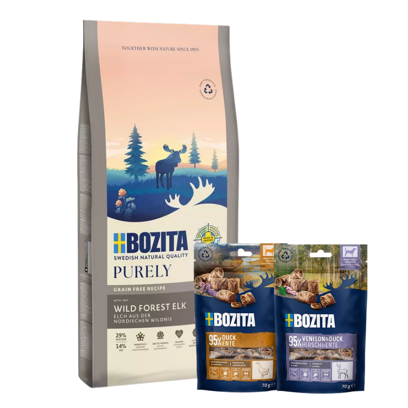 Bozita Dog Purely Puppy & Junior Large mit Elch 11 kg & 2 x GRATIS Bozita Snacks (Ente, Hirsch)
