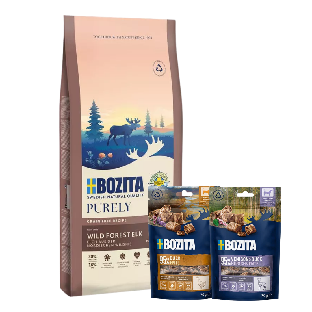 Bozita Dog Purely Puppy & Junior Small Elch 11 kg & 2 x GRATIS Bozita Snacks (Ente, Hirsch)