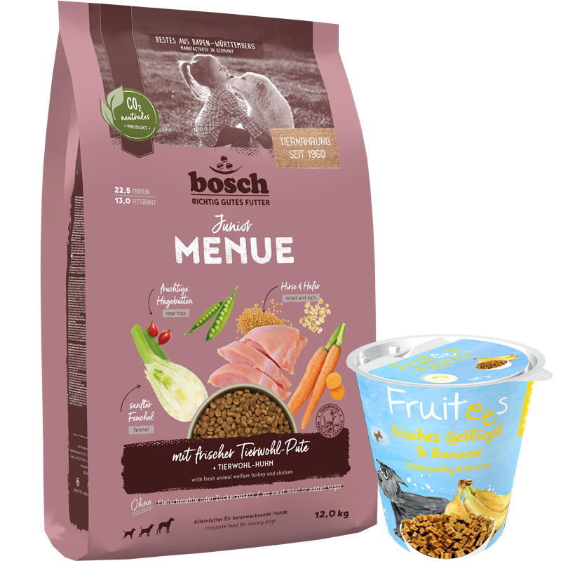 Kombipaket bosch HPC MENUE Junior Tierwohl-Pute + bosch Fruitees frisches Geflügel & Banane