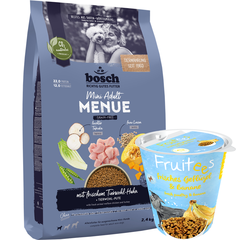 Kombipaket bosch HPC MENUE Mini Adult Tierwohl-Huhn + bosch Fruitees frisches Geflügel & Banane
