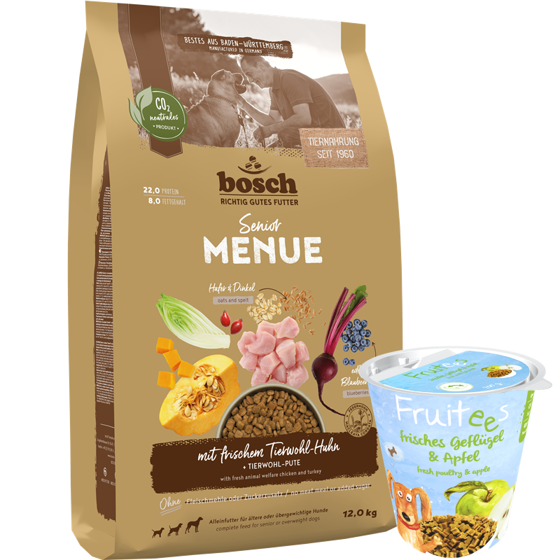 Kombipaket bosch HPC MENUE Senior Tierwohl-Huhn + bosch Fruitees frisches Geflügel & Apfel