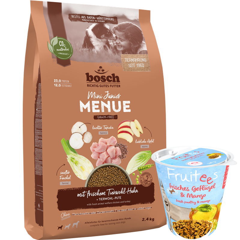 Kombipaket bosch HPC MENUE Mini Junior Tierwohl-Huhn + bosch Fruitees frisches Geflügel & Mango