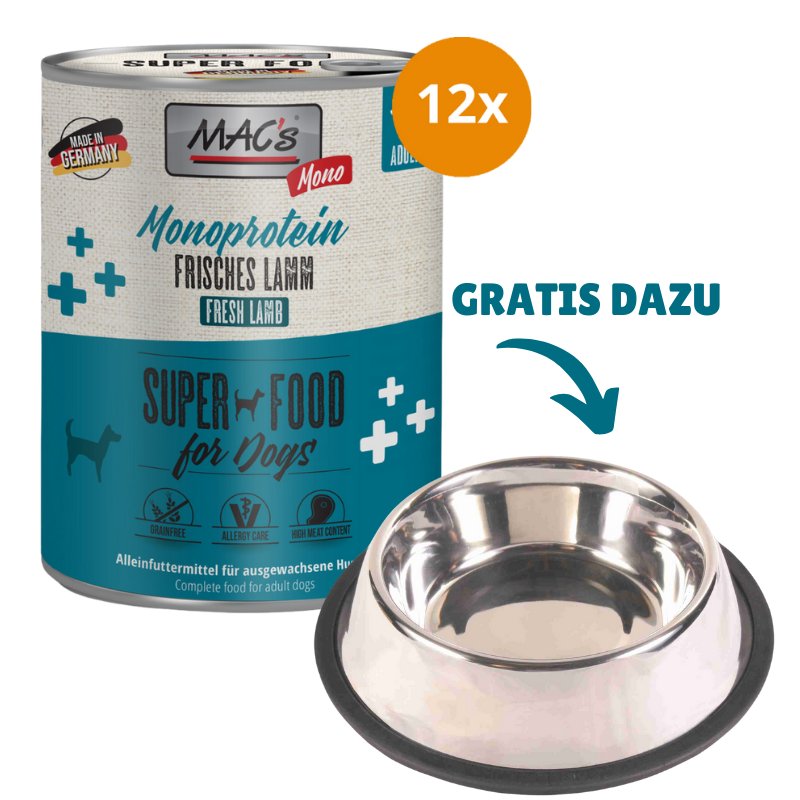 MAC's Dog Monoprotein Frisches Lamm 12 x 800 g + GRATIS TRIXIE Napf
