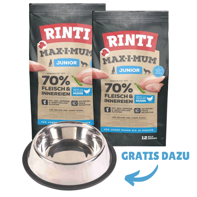 Rinti Max-i-Mum Junior Huhn 2 x 12 kg + GRATIS TRIXIE Napf