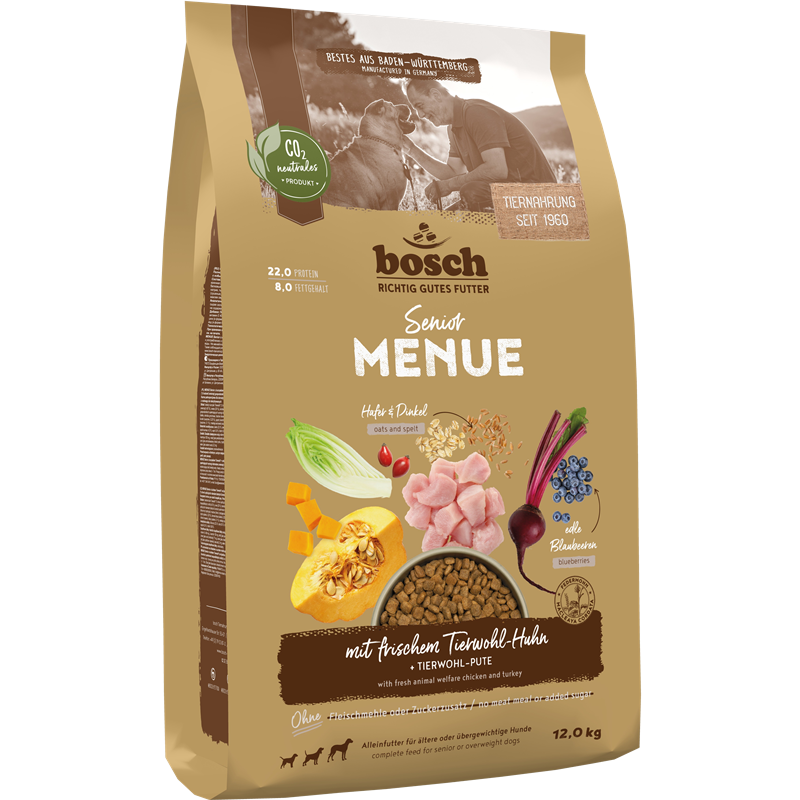 Kombipaket bosch HPC MENUE Senior Tierwohl-Huhn + bosch Fruitees frisches Geflügel & Apfel