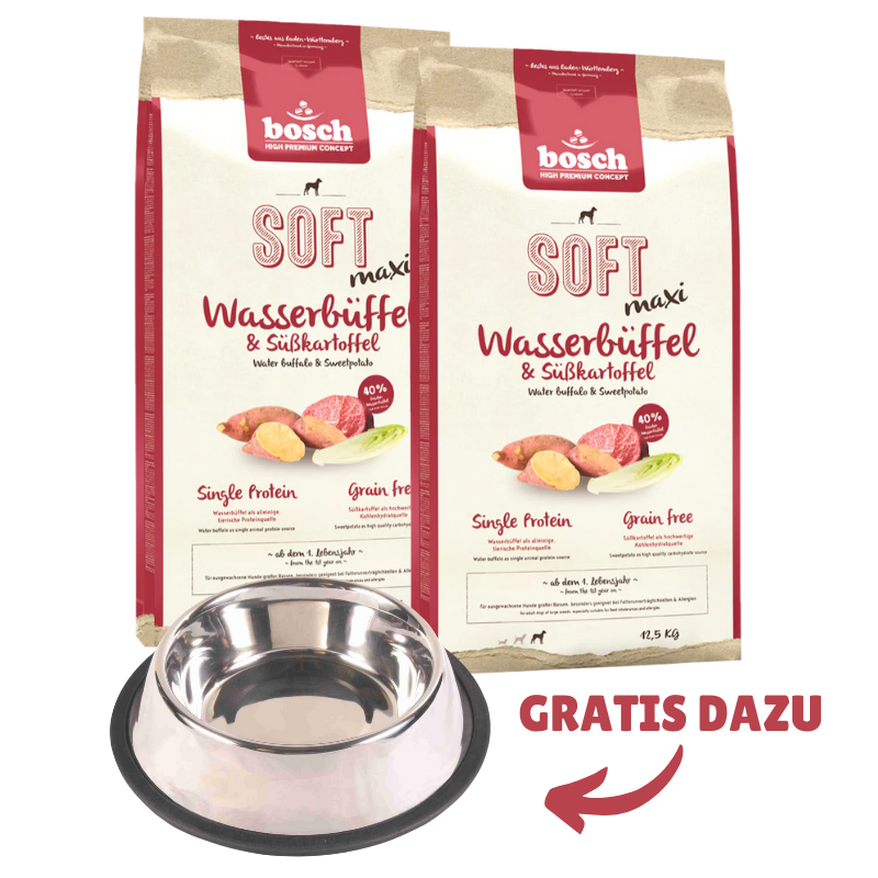bosch HPC Soft Maxi Wasserbüffel & Süßkartoffel 2 x 12,5 kg + GRATIS TRIXIE Napf