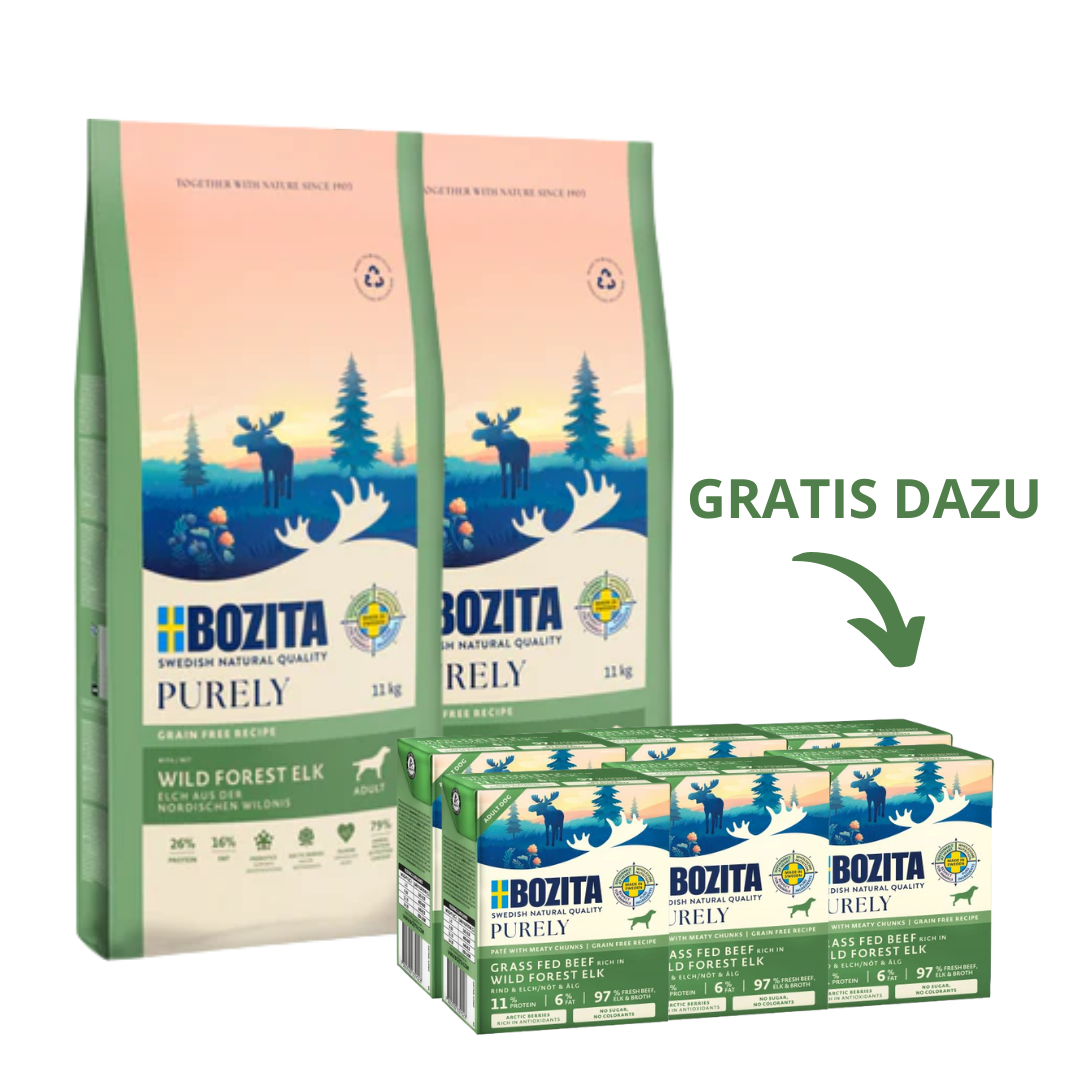 Bozita Dog Purely Adult Elch 2 x 11 kg + GRATIS Bozita Purely Paté mit Elch 6 x 370 g Tetra