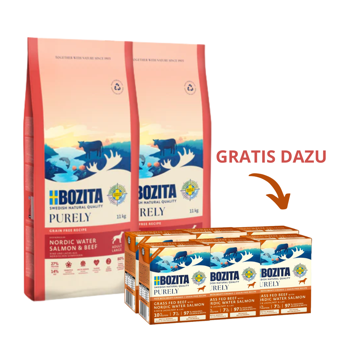 Bozita Dog Purely Adult Large Lachs & Rind 2 x 11 kg + GRATIS Bozita Purely Paté mit Lachs 6 x 370 g Tetra