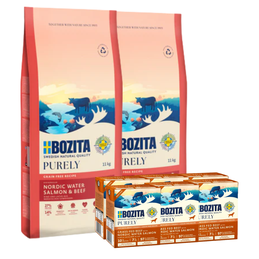 Bozita Dog Purely Adult Large Lachs & Rind 2 x 11 kg + GRATIS Bozita Purely Paté mit Lachs 6 x 370 g Tetra