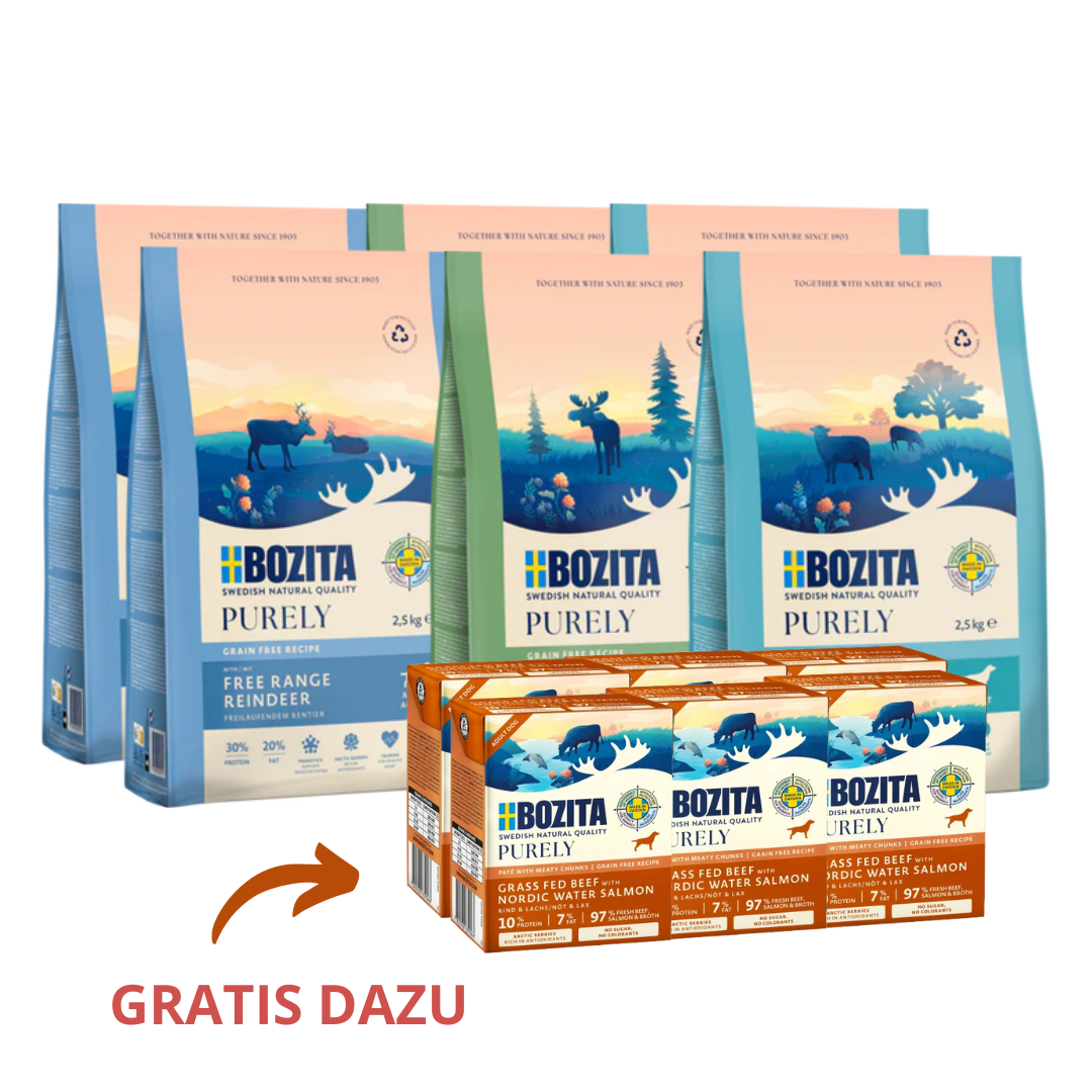 Kombipaket Bozita Dog Purely Elch, Lamm, Rentier + Bozita Purely Paté mit Lachs 6 x 370 g Tetra