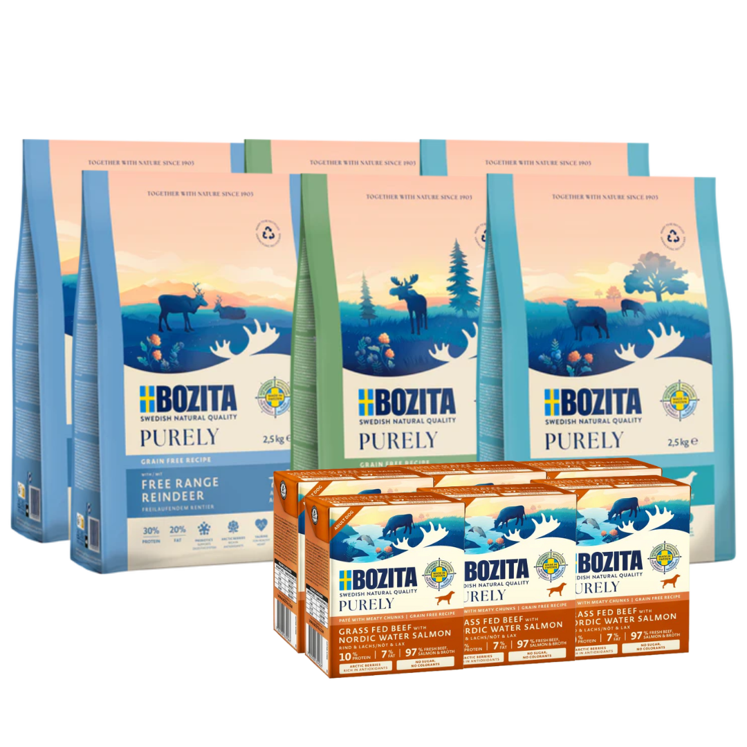 Kombipaket Bozita Dog Purely Elch, Lamm, Rentier + Bozita Purely Paté mit Lachs 6 x 370 g Tetra