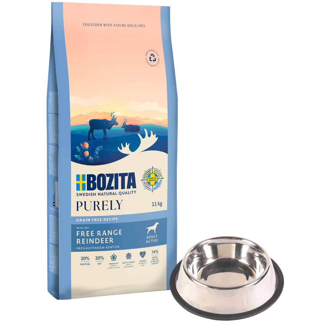 Bozita Dog Purely Adult Active Rentier 11 kg + GRATIS TRIXIE Napf