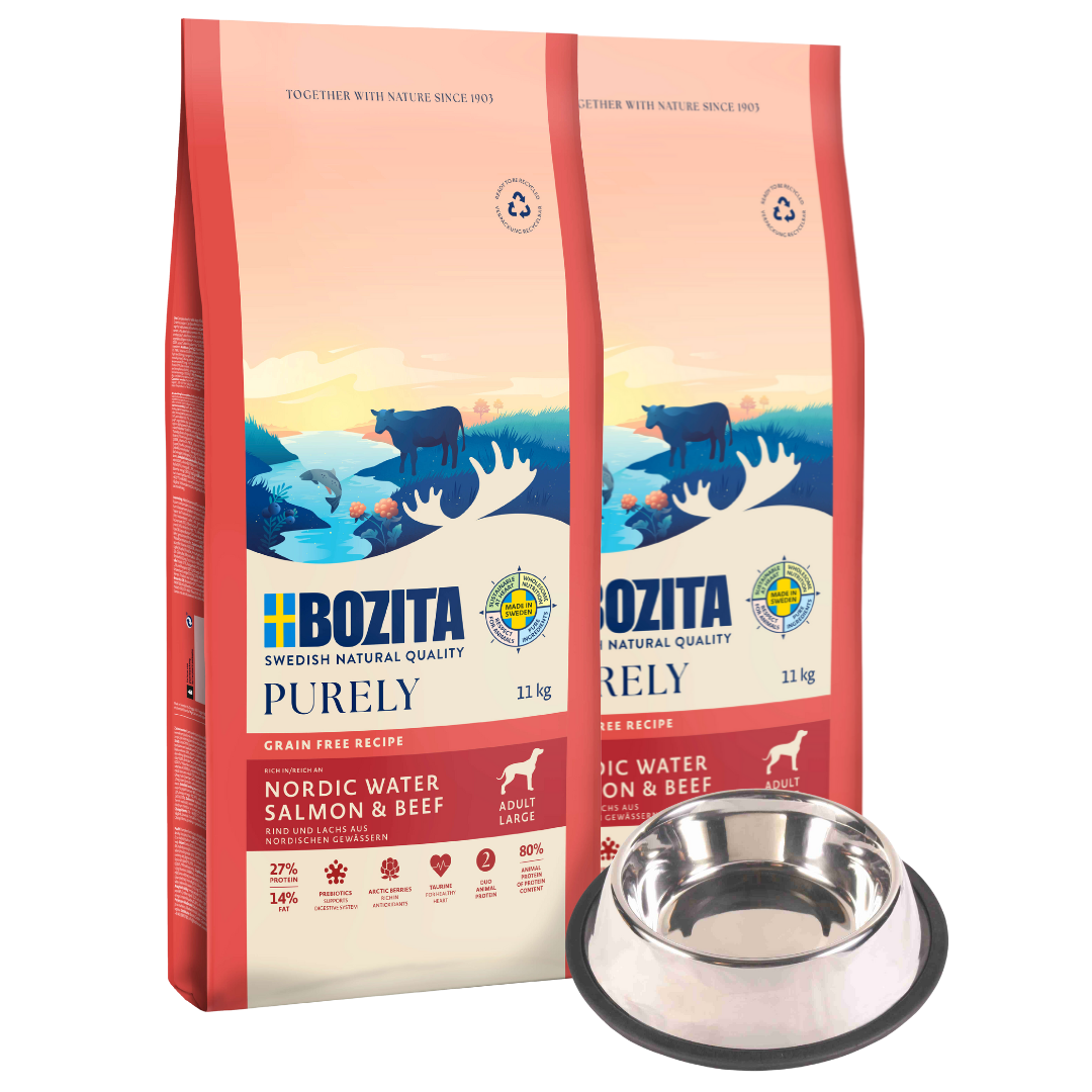 Bozita Dog Purely Adult Large Lachs & Rind 2 x 11 kg + GRATIS TRIXIE Napf