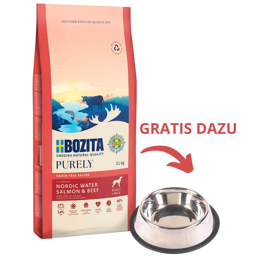 Bozita Dog Purely Adult Large Lachs & Rind 11 kg + GRATIS TRIXIE Napf