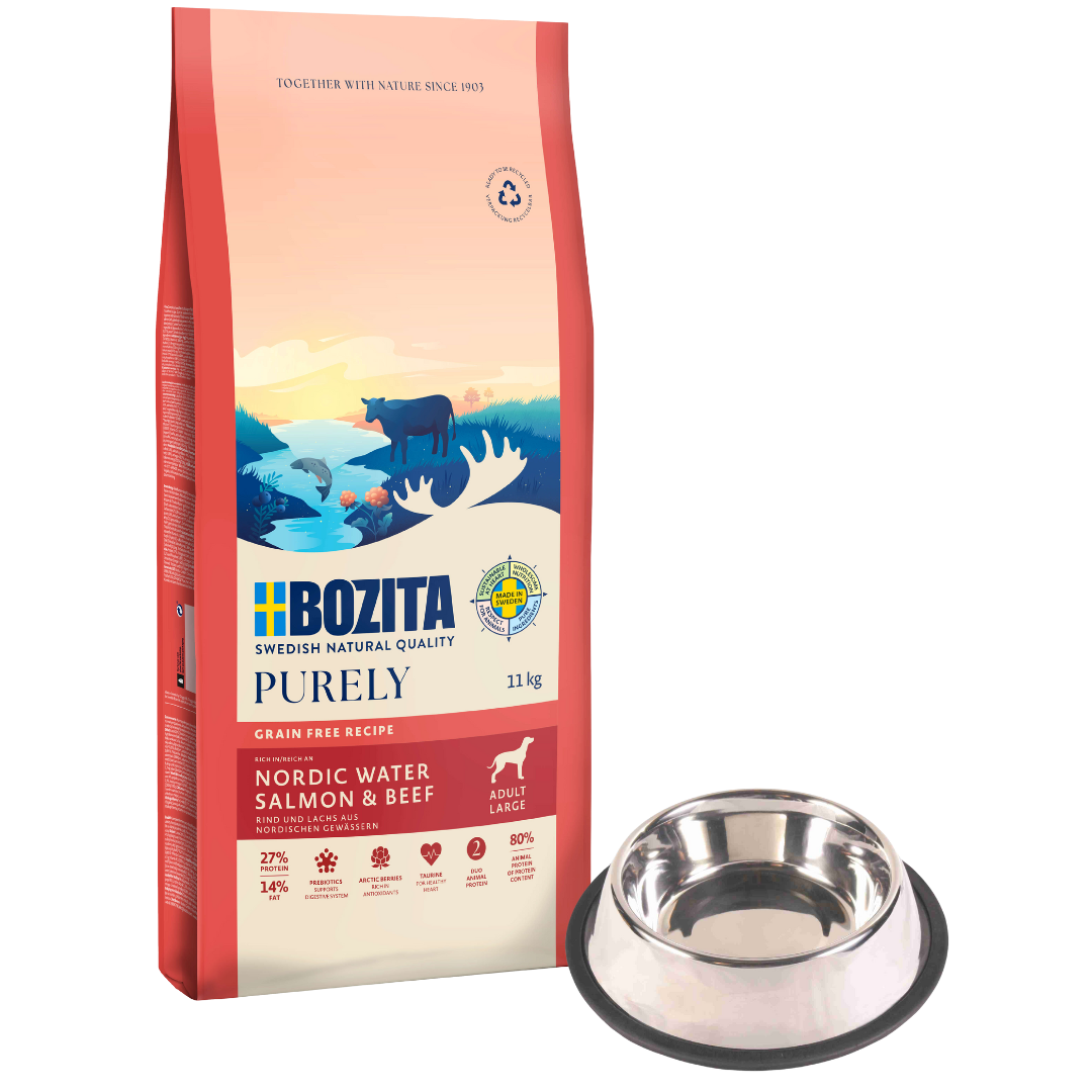 Bozita Dog Purely Adult Large Lachs & Rind 11 kg + GRATIS TRIXIE Napf