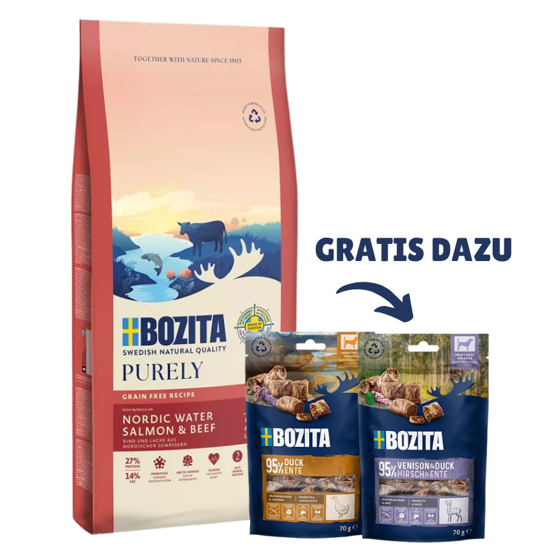 Bozita Dog Purely Adult Large mit Lachs & Rind 11 kg & 2 x GRATIS Bozita Snacks (Ente, Hirsch)