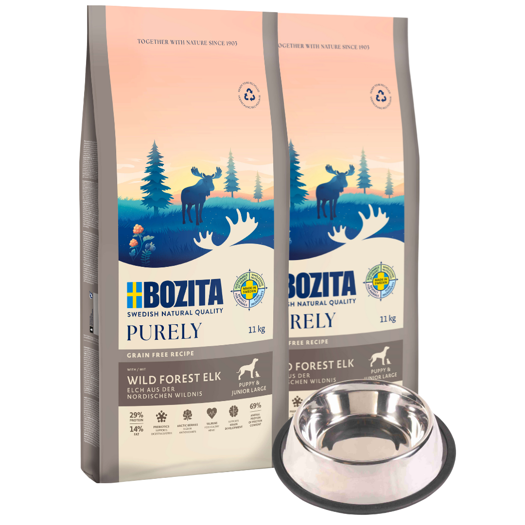 Bozita Dog Purely Puppy & Junior Large Elch 2 x 11 kg + GRATIS TRIXIE Napf