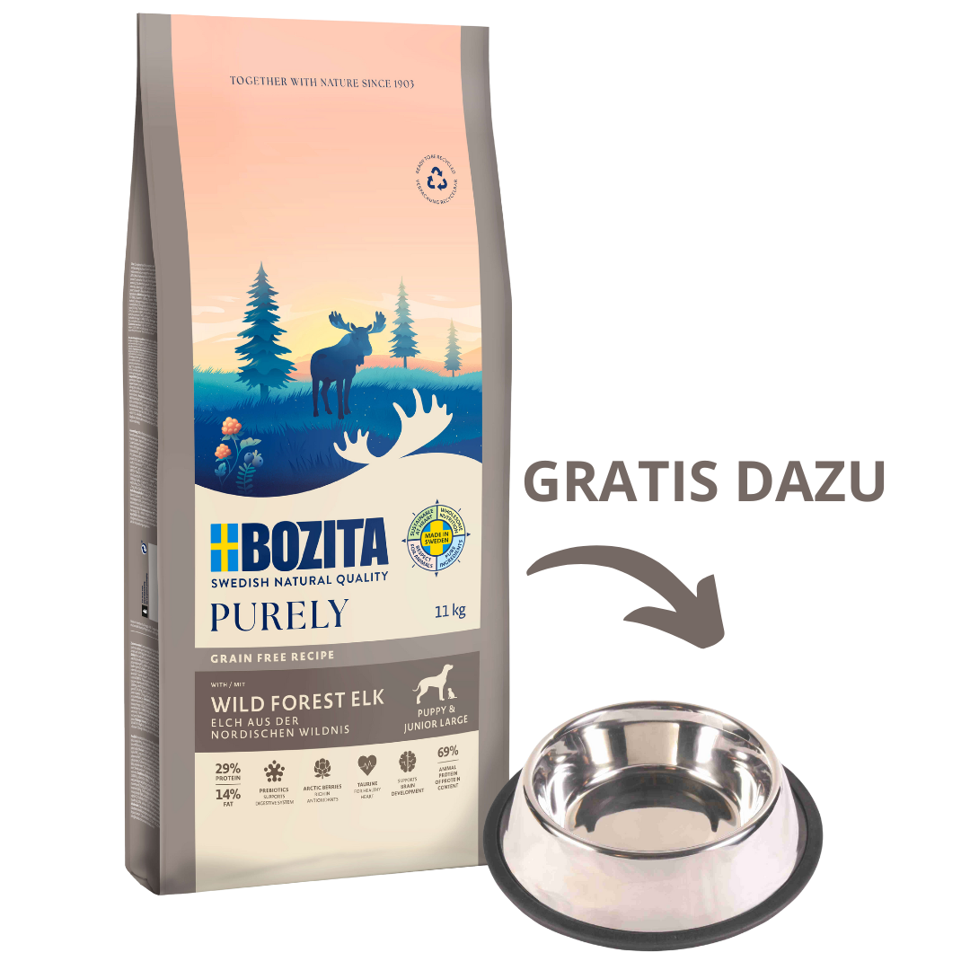 Bozita Dog Purely Puppy & Junior Large Elch 11 kg + GRATIS TRIXIE Napf