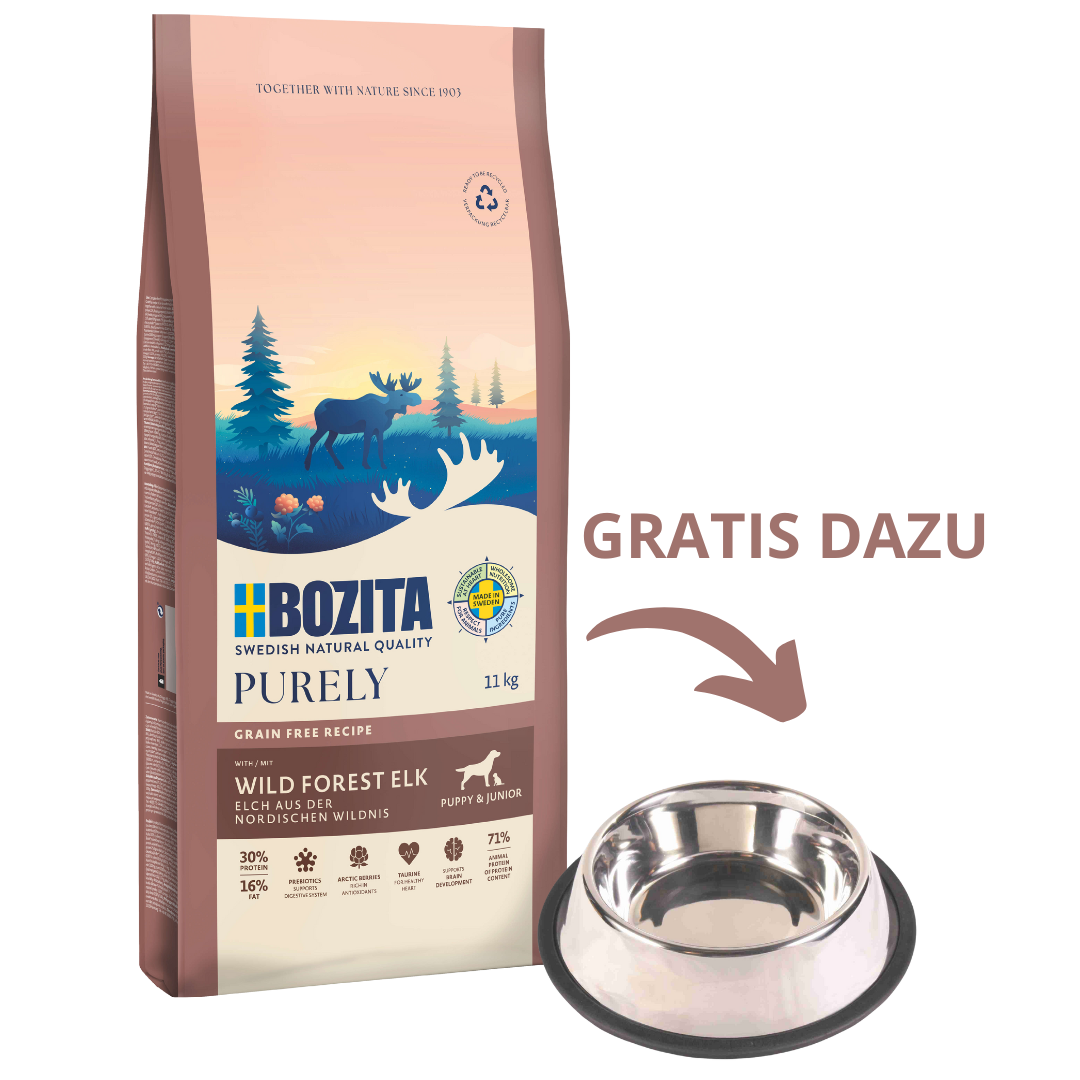 Bozita Dog Purely Puppy & Junior Small Elch 11 kg + GRATIS TRIXIE Napf