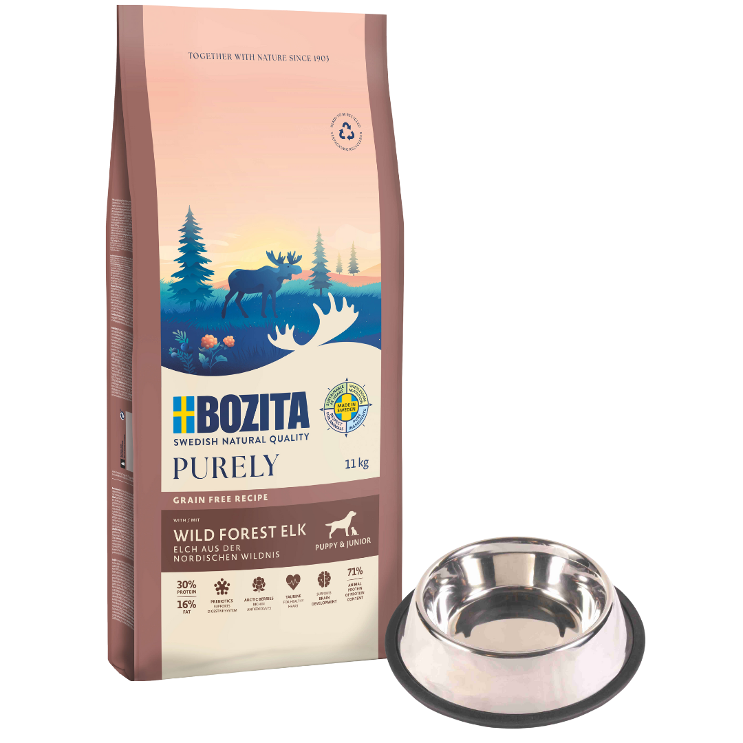 Bozita Dog Purely Puppy & Junior Small Elch 11 kg + GRATIS TRIXIE Napf