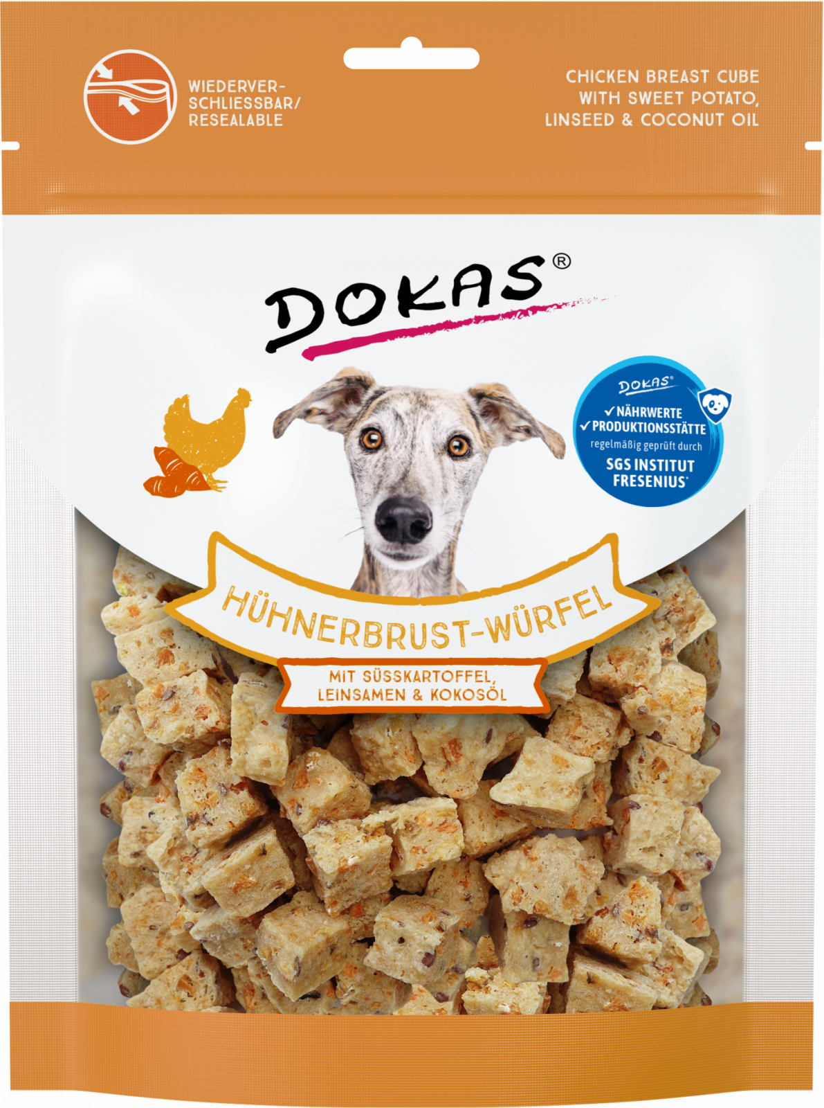 DOKAS Hühnerbrust-Würfel Süßkartoffel, Leinsamen & Kokosöl 150 g | Hundesnack