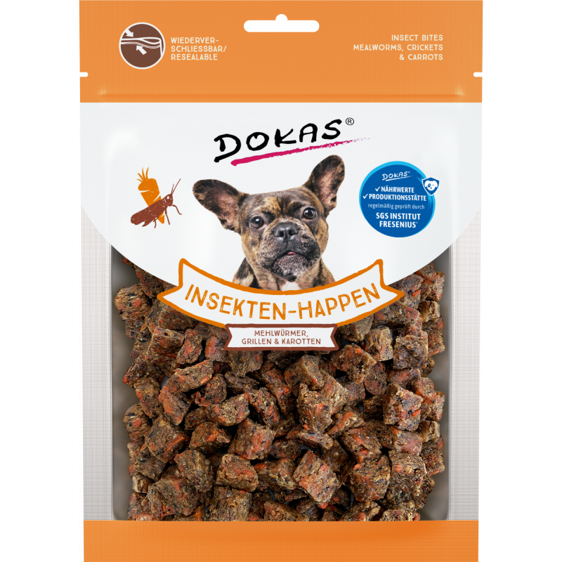 DOKAS Insekten-Happen Mehlwürmer, Grillen, Karotte 100 g | Hundesnack