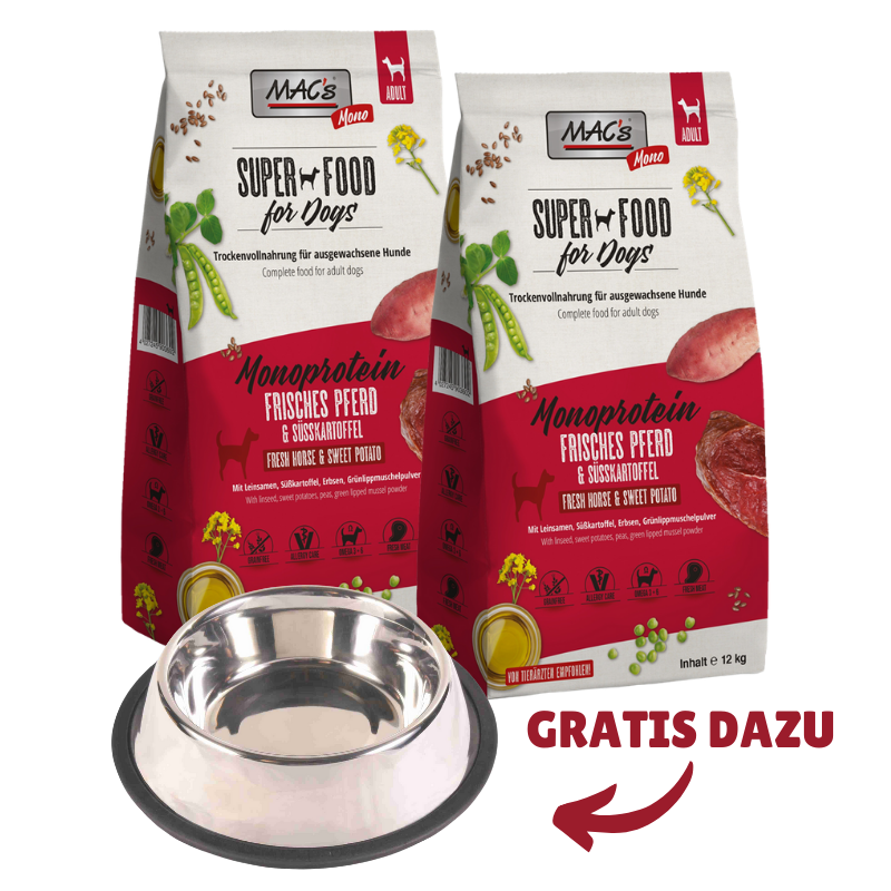 MAC's Dog Monoprotein frisches Pferd 2 x 12 kg + GRATIS TRIXIE Napf