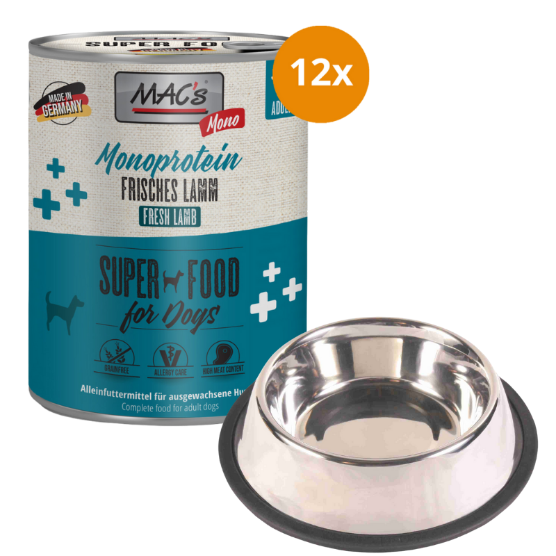MAC's Dog Monoprotein Frisches Lamm 12 x 800 g  + GRATIS TRIXIE Napf