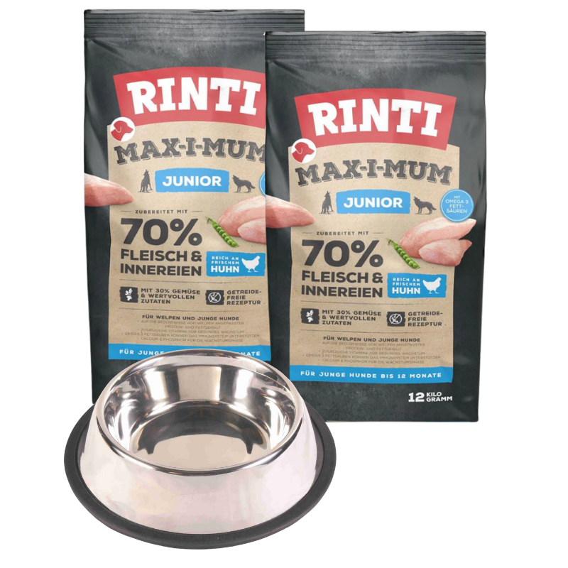 Rinti Max-i-Mum Junior Huhn 2 x 12 kg + GRATIS TRIXIE Napf