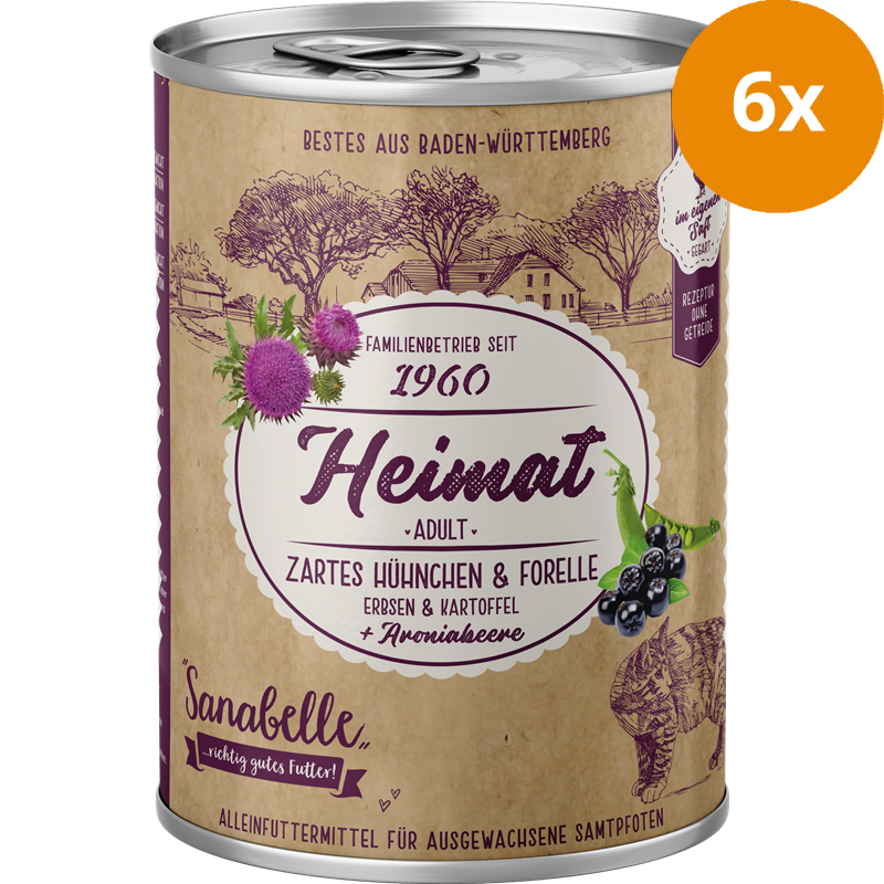 Sanabelle Heimat Dose zartes Hühnchen & Forelle mit Erbsen, Kartoffel und Aroniabeere 400 g